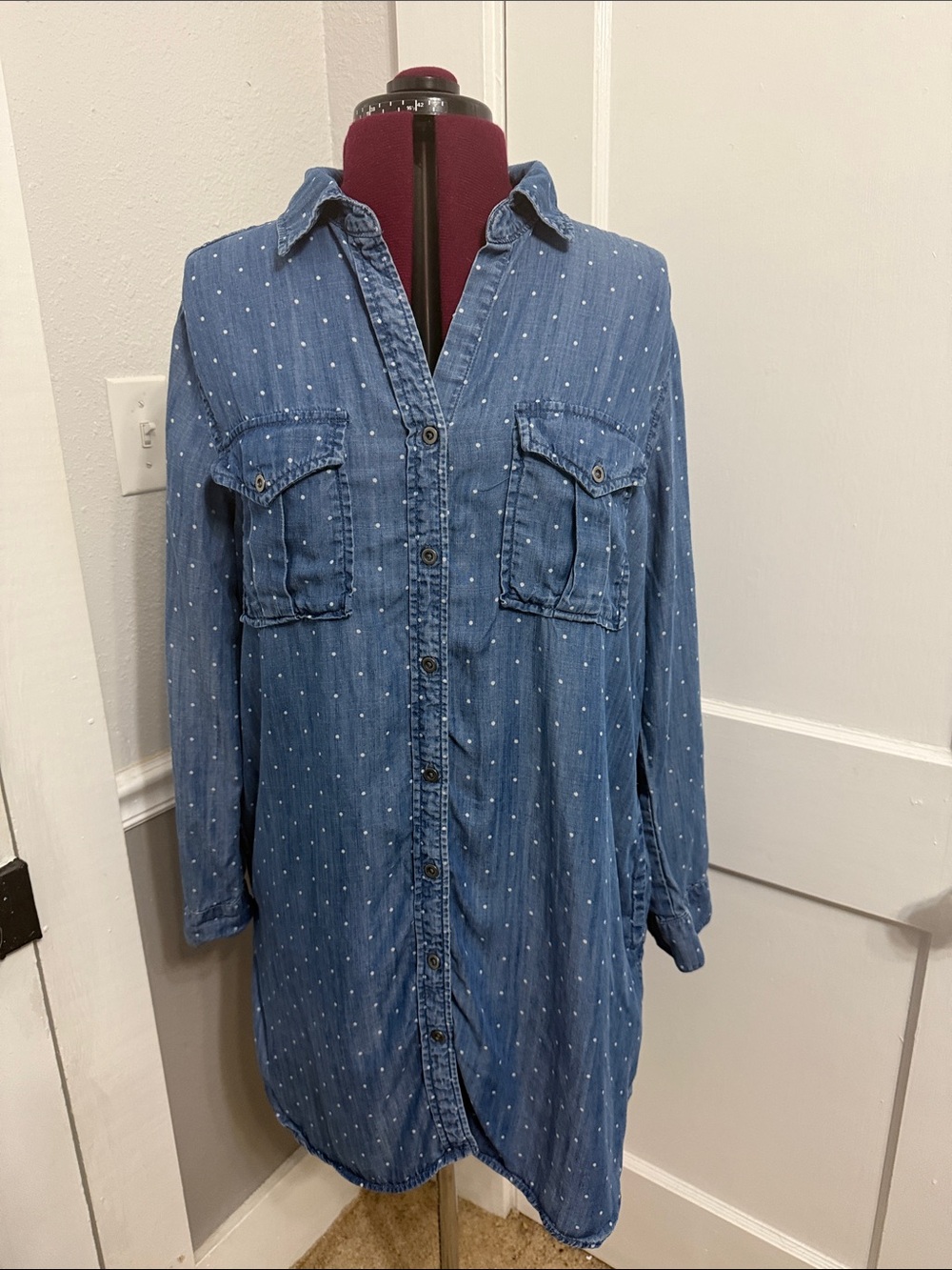 Philosophy Blue Polka Dot Denim Shirt Dress